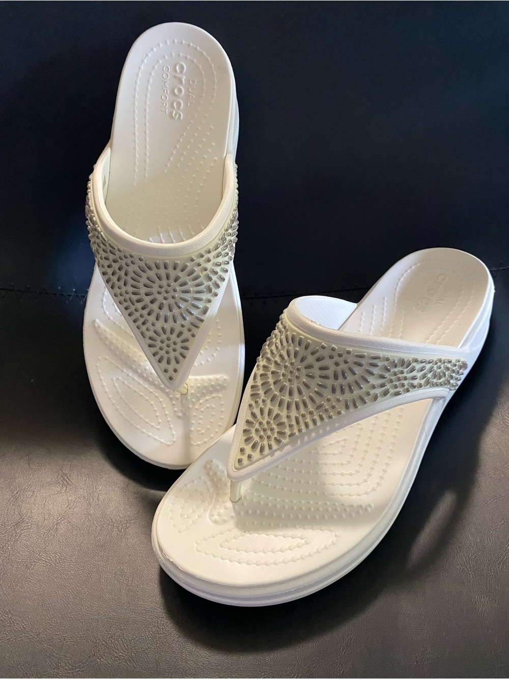 CROCS Women's off White Jeweled Wedge Thong Sandals. Like new size 9.